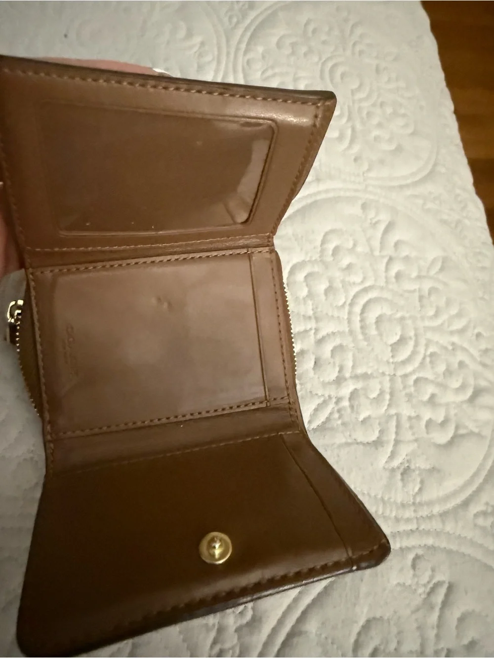 Coach Brown Signature Canvas Zip Card Case with Gold Logo